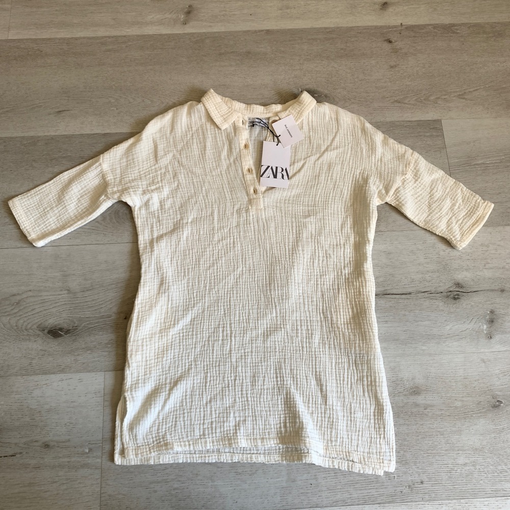 Zara Textured Muslin Tunic Top Cream Off-White Crinkle Gauze Button Front Size 6